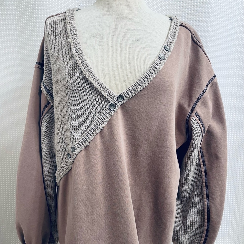 POL Patchwork V Neck Long  Sleeve Taupe Beige Top L Oversized
